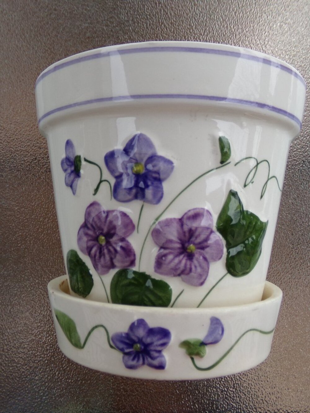 Vintage Rare Flower Plant Pot Ivory Enesco Imports Japan Violet Vine Shiny - Picture 2 of 14